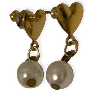 Heart Earrings, Pearl Dangles, Gold T, Posts Vintage 1” VALENTINES DAY LOVE VTG